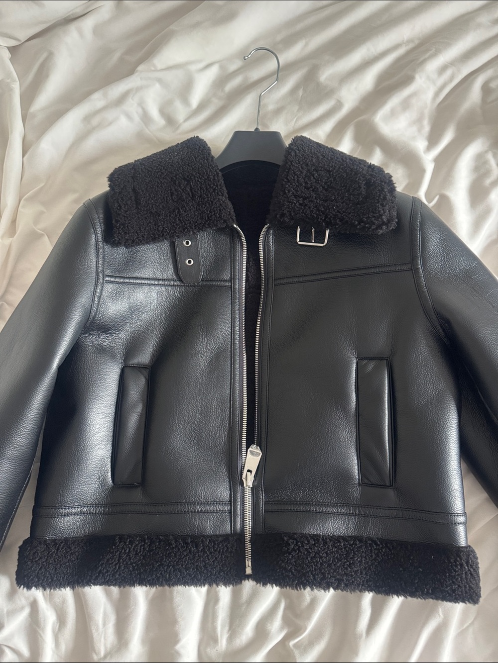 Mango Black Faux Leather Shearling-Trim Jacket (fits small)